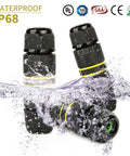 Three Pole Waterproof IP68 External Junction Box With M20 Cable Gland submerged in water, showcasing waterproof design.