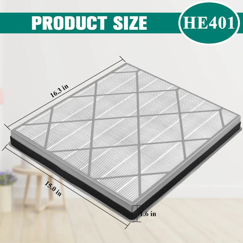 Replacement Filter For Air Purifier 4 Fan Models HE400 HE401 HE402 HE405 UA415 2 Pack No Brainer Install Easy To Use High Efficiency Filtration Keeps Your Air Fresh Part HE4FKPET product size HE401 filter showing dimensions 16.3x15.0x1.6 inches