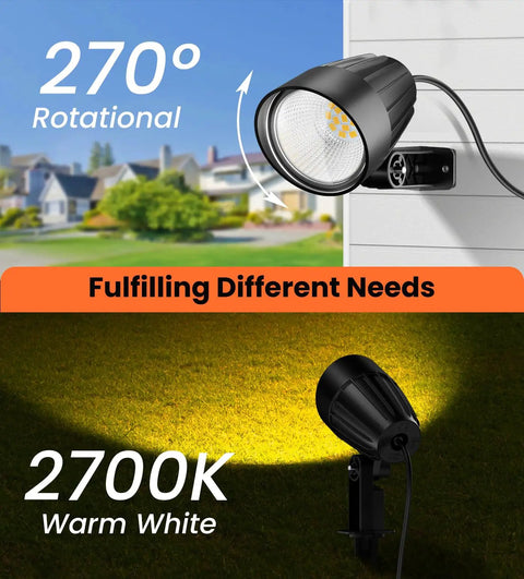 Low Voltage 7W Outdoor Landscape Lights With Connectors, 2700K Warm White IP66 Waterproof Spotlights on wall and ground displaying warm light