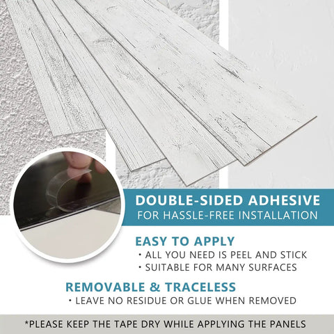 Peel And Stick Wall Panels For Kitchen Bedroom And Backsplash Dope Vinyl Planks With Strong Adhesive Vintage Farmhouse Wood Pattern In White With Grey Self Adhesive Flexible Tiles For Accent Walls And Doorways shown with double-sided adhesive.