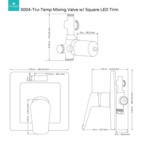 Diagram of Shower Valve Trim Kit With LED Temperature Display Tru Temp Pressure Balance Rough In Valve Square Design Half Inch NPT Polished Chrome Finish Easy Install And Durable Brass Body