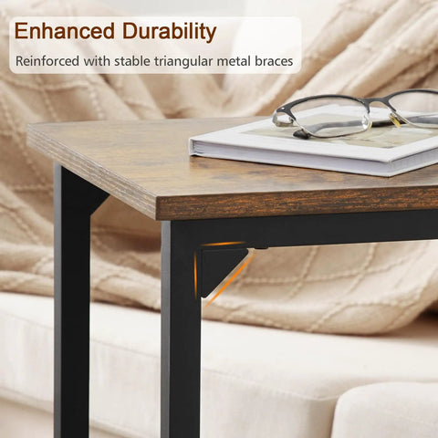 C Shaped End Table That Slides Under Couch For Small Spaces TV Tray Snack Table And Laptop Desk Brown with metal braces detail
