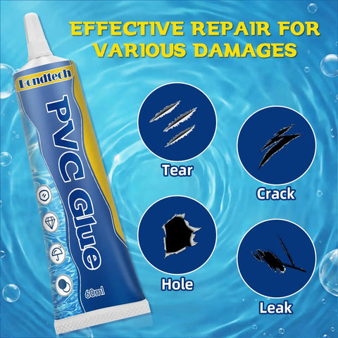 PVC glue tube with illustrations of tear, crack, hole, and leak for Ultra Strong Inflatable Patch Repair Kit For Air Mattresses Pools Tents Hot Tubs And Inflatables Waterproof Patch Set For Punctures Tears Holes Rips With Quick Bond Adhesive And Long Lasting Seal
