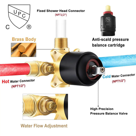 Slide Bar Shower Faucet Set With High Pressure Handheld Shower And 5 Spray Settings Rain Full Body Massage Full Spray Pause Adjustable 23.6 Inch Wall Bar Pressure Balance Valve Brass Trim Matte Black showing brass body and NPT connectors