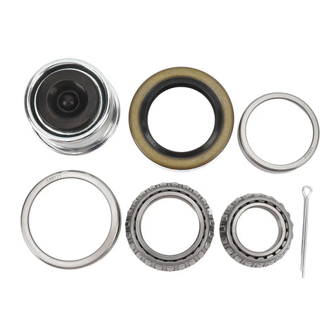Seven Piece Boat Trailer Wheel Hub Bearing Kit For 3500 Lb Axles With 1.98 Inch Dust Cover And Grease Seal Fits 1 1/16 To 1 3/8 Inch Spindles 84 Spindle Durable Steel Bolt On Easy Install components displayed