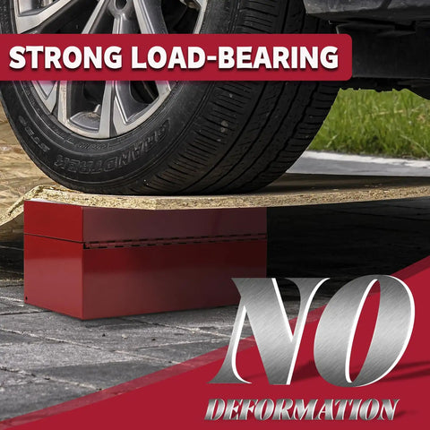 No Cap Heavy Duty Metal Tool Box With Secure Latch Lock, Portable 12 Inch Steel Storage Case For Job Sites And Backyard Builds, Durable Powder Coated Shell In Bold Red beneath a vehicle tire.