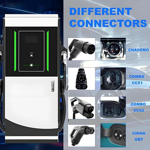 Smart EV Charger Commercial Charging Station With Dual Port Design For Fleet Parking And Business Lots Featuring Network Ready Setup and connectors for various charging types.