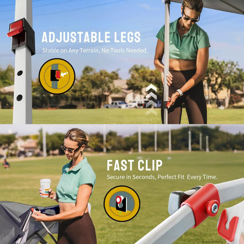 Woman adjusting Pop Up Canopy With One Push Center Lock Technology for Fast Easy Setup In Seconds 10x10 Ft at a park