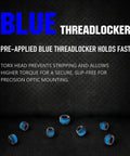 Blue threadlocker screws with pre-applied coating for secure torque and precision optic mounting on black background.