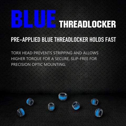 Blue threadlocker screws with pre-applied coating for secure torque and precision optic mounting on black background.