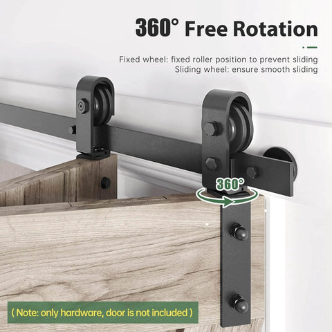 64 Inch Bifold Sliding Barn Door Hardware Track Kit With Side Mounted Black J Shape Rollers installed close-up