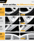 Before and after images showing repairs using Light Silver Wheel Rim Touch Up Paint With Built In Brush for alloy rims.