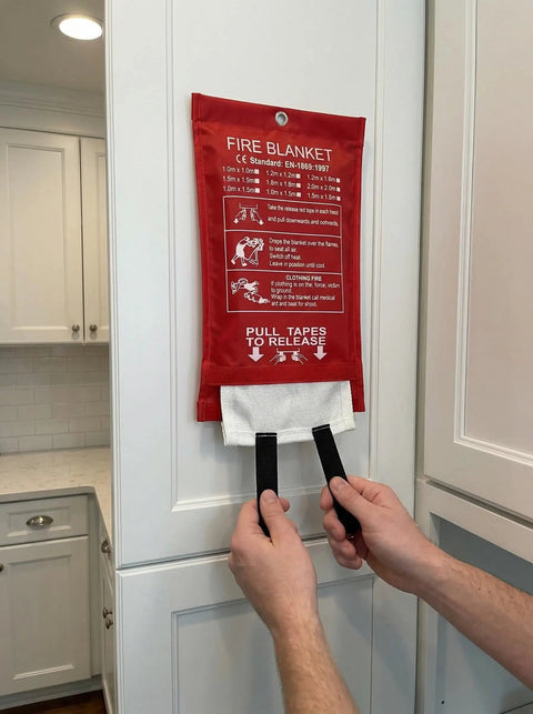 Hands gripping the pull straps of a Heavy Duty Fiberglass Emergency Fire Blanket To Smother Kitchen Grease Fires grill patio.