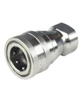 Badass Heavy Duty Half Inch Female Npt Quick Disconnect Coupler Set With 304 Stainless Steel Body And Fluorine Rubber Seals Built Tough For 1500 Psi Hydraulic Systems Featuring Rock Solid Rust Free Connectors And Zero Fuss Straight Shooting Action close-up view of a stainless steel hydraulic quick disconnect coupler.