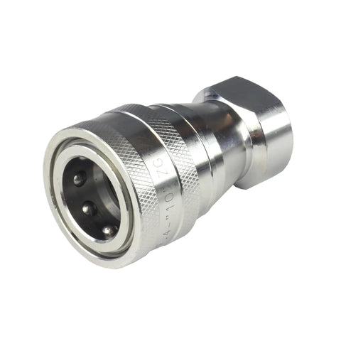 Badass Heavy Duty Half Inch Female Npt Quick Disconnect Coupler Set With 304 Stainless Steel Body And Fluorine Rubber Seals Built Tough For 1500 Psi Hydraulic Systems Featuring Rock Solid Rust Free Connectors And Zero Fuss Straight Shooting Action close-up view of a stainless steel hydraulic quick disconnect coupler.