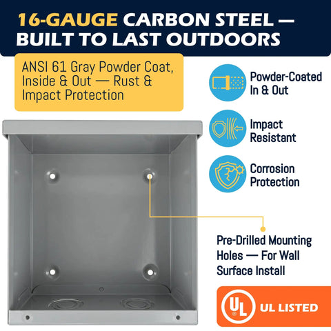 Heavy Duty Tough As Nails Outdoor Electrical Junction Box 10 X 10 X 6 Inch Nema 3r Carbon Steel with pre-drilled holes.