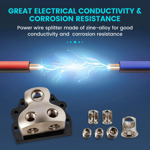 2 Way Car Audio Power And Ground Distribution Block With 0 2 4 Gauge Input And 4 8 Gauge Output For Amplifier Wiring Heavy Duty Ground Splitter For Auto Stereo System Easy Install And Reliable Protection, zinc alloy