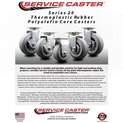 Service Caster Series 20 6-inch thermoplastic rubber wheels on polyolefin core for light to medium duty projects.