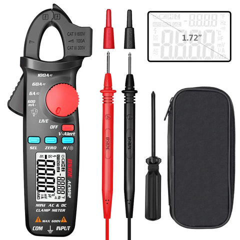 Mini Clamp Meter For AC And DC Current Up To 100 Amp, Auto Range Digital Multimeter With Frequency Tester, probes and case