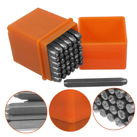 37 Piece Metal Stamp Set With Alphabet And Number Punches A To Z And Heart Symbols in orange box for crafting projects