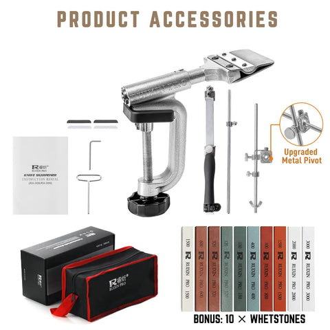 Upgraded Knife Sharpener Set With 10 Whetstones, 360 Degree Flip Design, Fixed Angle Stainless Steel Holder, G Clamp Holding System