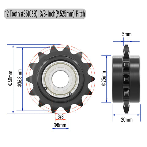 12 Tooth Roller Chain Sprocket For ISO 06B, 40mm OD, 8mm Bore, Three Eighth Inch Pitch Idler With Single Bearing, side and front view