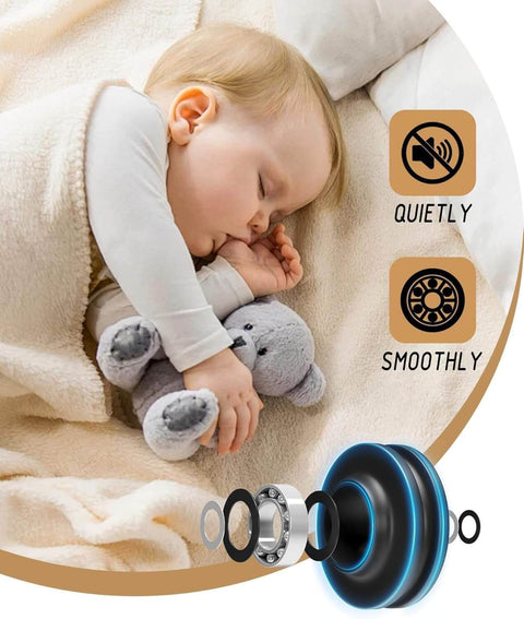 Sleeping baby with teddy bear next to illustration of silent sliding rail system, highlighting quiet and smooth operation benefits.