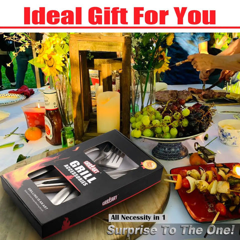 18 Inch Stainless Steel BBQ Tools Set With Tongs Spatula Fork And Brush on table surrounded by food and decorations
