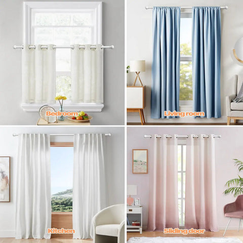 Matte White Curtain Rod Set 28 To 48 Inch 2 Pack With Brackets Splicing Adjustable Curtain Rod For Bedroom Kitchen Living Room Five Eighths Inch Diameter No Fuss Easy Install And Modern Look in various room settings.
