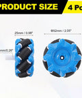 Side and top view of 52mm blue Mecanum Wheel Set With Hex Pins And Screws 52mm Omnidirectional ABS Rubber Wheels For DIY Robot Cars