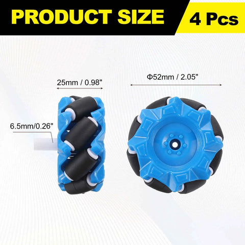 Side and top view of 52mm blue Mecanum Wheel Set With Hex Pins And Screws 52mm Omnidirectional ABS Rubber Wheels For DIY Robot Cars