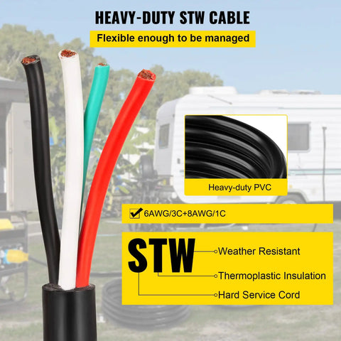 Rock Solid 25 Foot 50 Amp Generator Extension Cord With Nema 14 50P To Raw End Wire showing heavy-duty STW cable with multiple colored wires.