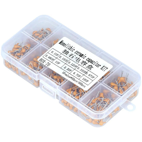 500 Piece Ceramic Capacitor Kit With 10 Value Assortment From 0.1uF To 10uF, 50V, Tolerance 10 Percent in plastic case