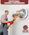 Man using a drywall sander for wall renovation, demonstrating exceptional sanding performance with dust-free operation.