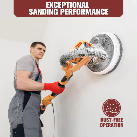 Man using a drywall sander for wall renovation, demonstrating exceptional sanding performance with dust-free operation.