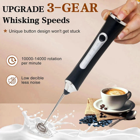 Rechargeable Milk Frother Handheld For Coffee With 3 Speeds 2 Heads And Stand Barista Grade Electric Milk Foam Wand