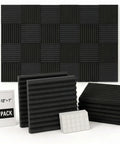 96 Pack Heavy Duty Acoustic Foam Wedge Tiles Soundproofing Wall Panels For Recording Studios, black foam tiles, 12x12x1 inch size.