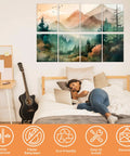Peel And Stick Watercolor Mountain Forest Acoustic Panels Top Tier Soundproof Wall Art Straight Up Legit For Noise Blocking installed in a cozy bedroom.