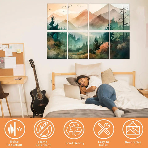 Peel And Stick Watercolor Mountain Forest Acoustic Panels Top Tier Soundproof Wall Art Straight Up Legit For Noise Blocking installed in a cozy bedroom.