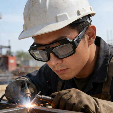 Kickass Auto Darkening Welding Goggles Solar Powered Wraparound Safety Eyewear with heavy-duty shield worn by welder.