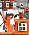 Powerful 1550W Magnetic Drill Press With 3102 Lbf Holding Power For Core, Tapping And Drilling, Portable 2 Inch Boring Diameter Metalworking Machine, 760 RPM Magnetic Drilling Tool For Fast, Heavy Duty Metal Work showing detailed operation panel and lifting handle.