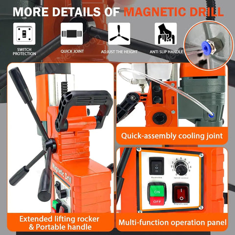 Powerful 1550W Magnetic Drill Press With 3102 Lbf Holding Power For Core, Tapping And Drilling, Portable 2 Inch Boring Diameter Metalworking Machine, 760 RPM Magnetic Drilling Tool For Fast, Heavy Duty Metal Work showing detailed operation panel and lifting handle.