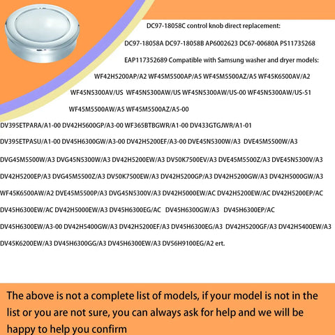 Washer And Dryer Control Knob Replacement DC97-18058C With ABS Core, shown with model compatibility list