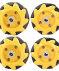 Set of four 48mm yellow omni-directional mecanum robot wheels with black tires.