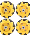 Dope Mecanum Wheel Kit For Robot Cars With Rubber Coated 48mm Wheels For Smooth Directional Movement Compatible With Motors And Building Blocks Two Pairs Included, showing four 48mm rubber-coated wheels with yellow and black design.