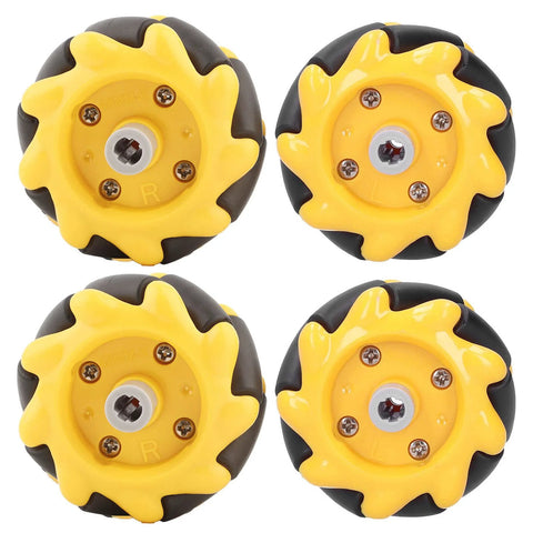 Four yellow 48mm Mecanum wheels for DIY robots, ideal for smart car projects with rubber grip and omni-directional movement.