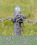 20 Pcs Round Dome Fence Post Caps For Chain Link Fences Aluminum External Post Caps Two And Three Eighths Inch Outside Diameter Built To Last Outdoor Weatherproof Corrosion Resistant Silver, installed on post with chains.