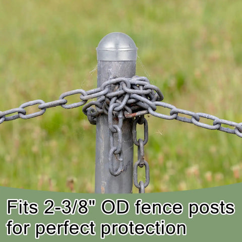 20 Pcs Round Dome Fence Post Caps For Chain Link Fences Aluminum External Post Caps Two And Three Eighths Inch Outside Diameter Built To Last Outdoor Weatherproof Corrosion Resistant Silver, installed on post with chains.