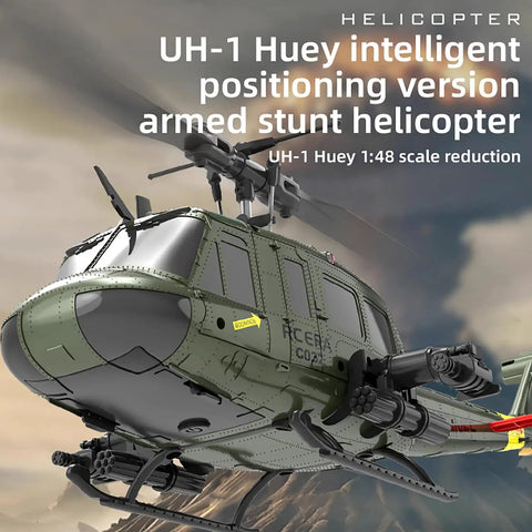 Model of UH-1 Huey helicopter in flight, 1:48 scale, green and gray with detailed features, sunrise sky backdrop.