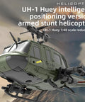 UH-1 Huey armed stunt helicopter with intelligent positioning, 1:48 scale model, flying over a landscape background.